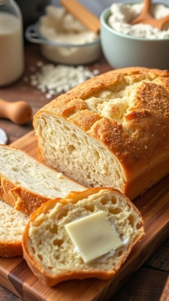 A golden-brown loaf of homemade yeast bread sliced on a wooden board with butter.